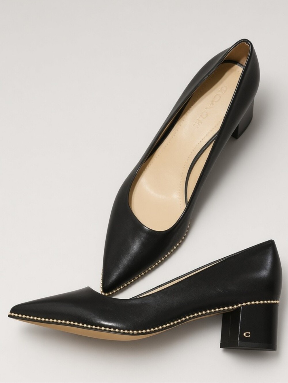 Coach Black Leather Pointed Block Heel Pumps with Gold Bead Trim Size 10